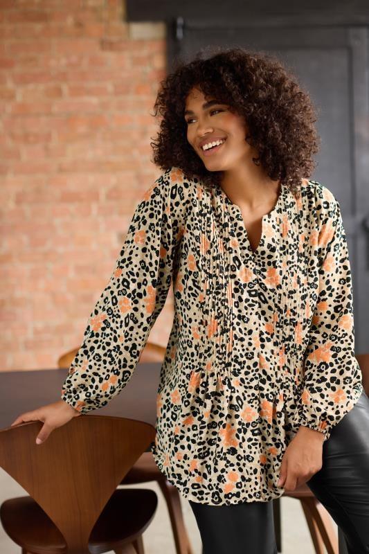 evans EVANS Curve Natural Brown Leopard Print Pintuck Blouse