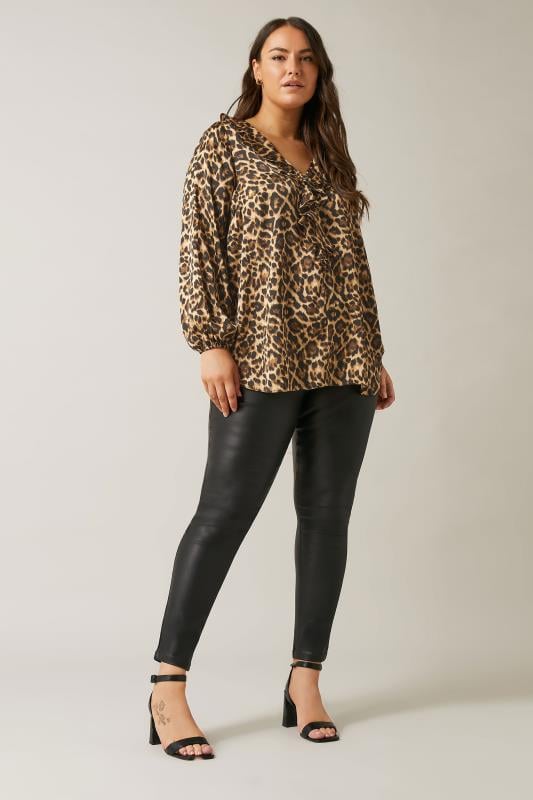 Evans EVANS Curve Natural Brown Leopard Print Ruffle Neck Blouse