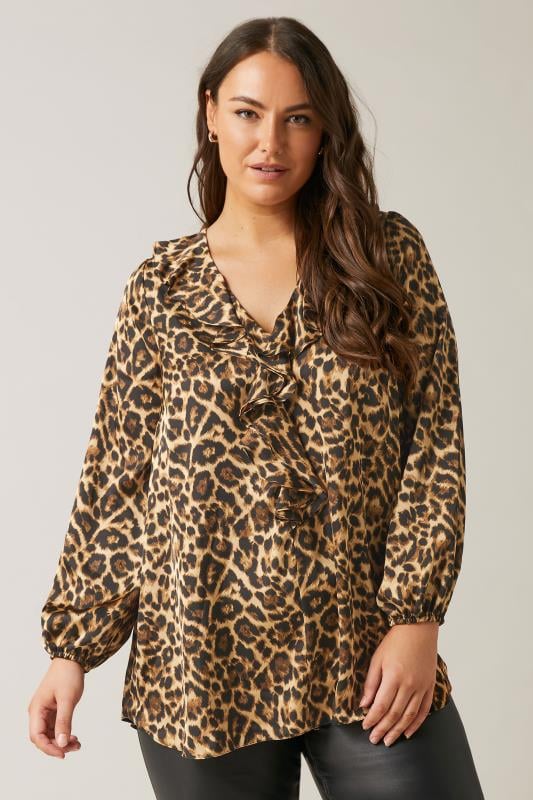 evans EVANS Curve Natural Brown Leopard Print Ruffle Neck Blouse