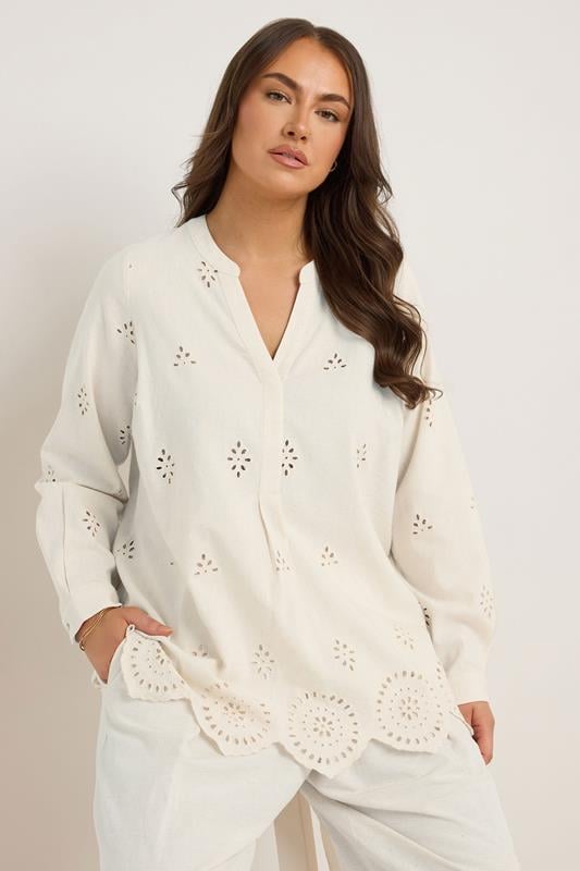 Evans EVANS Curve Natural Brown Linen Broderie Blouse