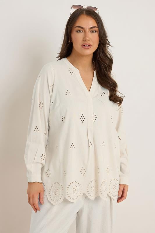 Evans EVANS Curve Natural Brown Linen Broderie Blouse