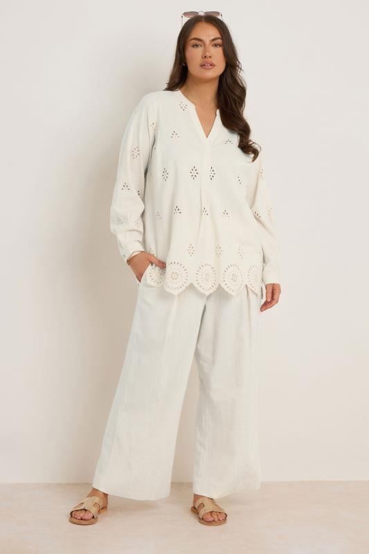 Evans EVANS Curve Natural Brown Linen Broderie Blouse