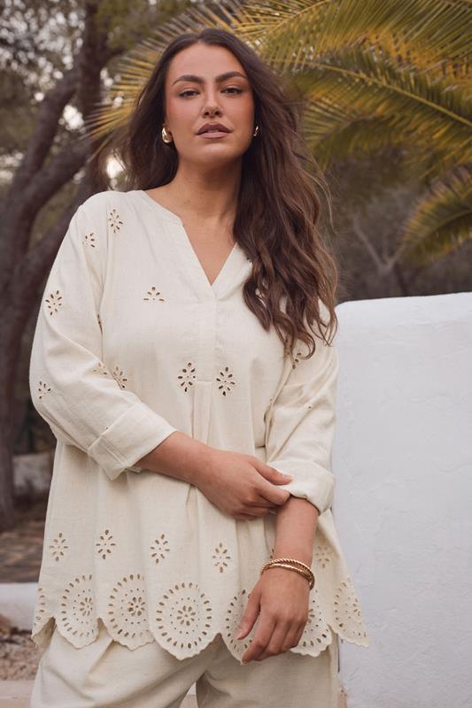 evans EVANS Curve Natural Brown Linen Broderie Blouse