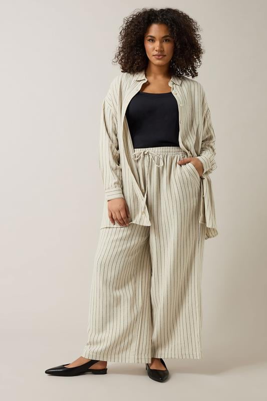 Evans EVANS Curve Natural Brown Stripe Print Premium Linen Trousers