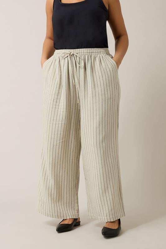 Evans EVANS Curve Natural Brown Stripe Print Premium Linen Trousers