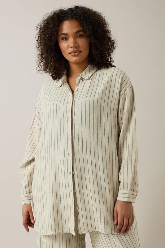 Evans EVANS Curve Natural Brown Stripe Print Premium Linen Shirt