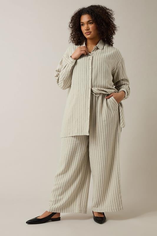 Evans EVANS Curve Natural Brown Stripe Print Premium Linen Shirt