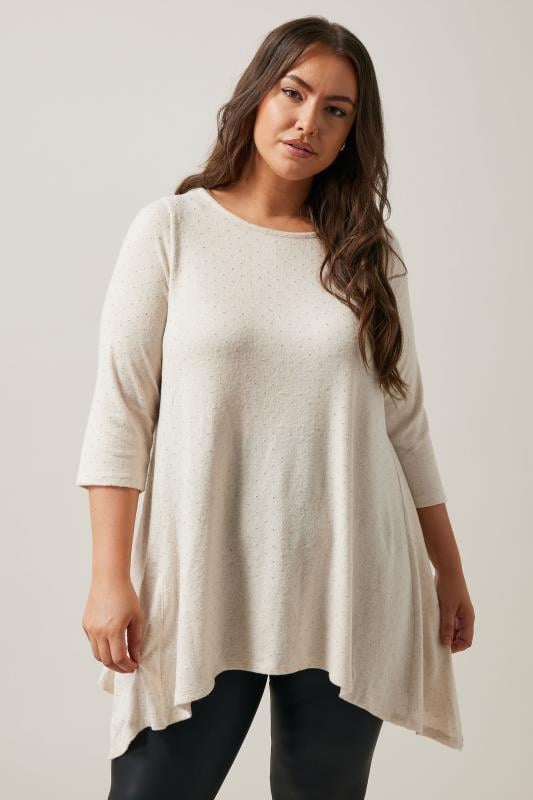 evans EVANS Curve Natural Brown Studded Detail Hanky Hem Top