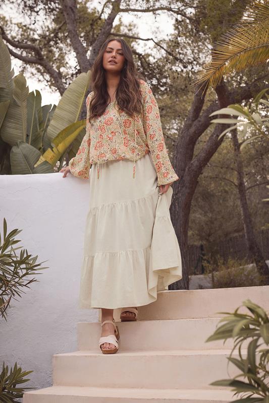 evans EVANS Curve Natural Brown Tiered Linen Maxi Skirt