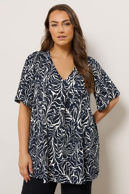 Evans EVANS Curve Navy Blue Abstract Floral Pleat Swing Top