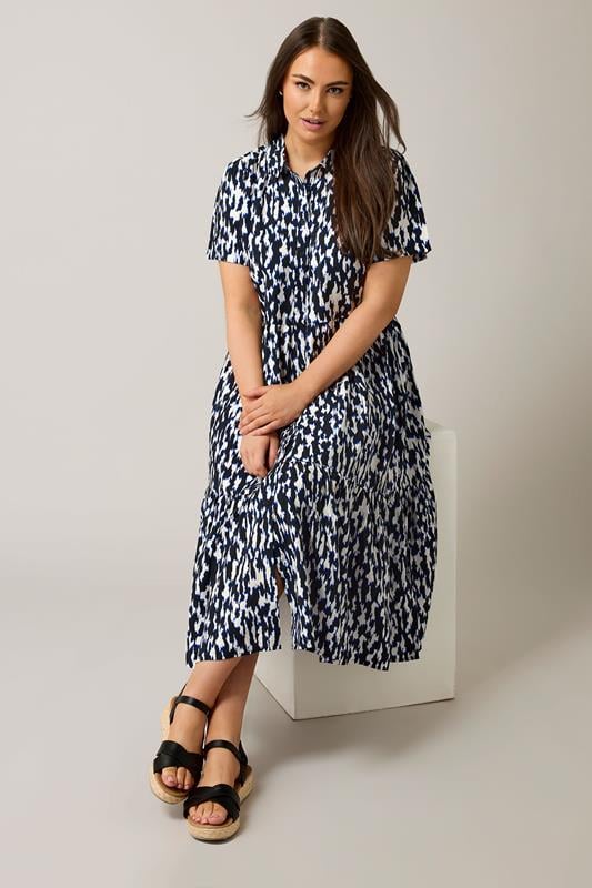 Evans EVANS Curve Navy Blue Abstract Print Midi Shirt Dress