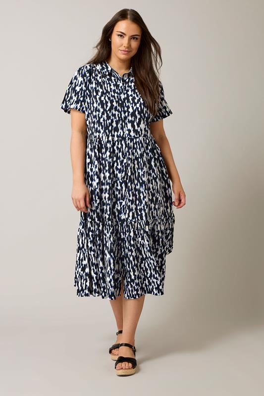 Evans EVANS Curve Navy Blue Abstract Print Midi Shirt Dress