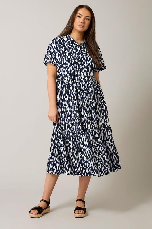 evans EVANS Curve Navy Blue Abstract Print Midi Shirt Dress