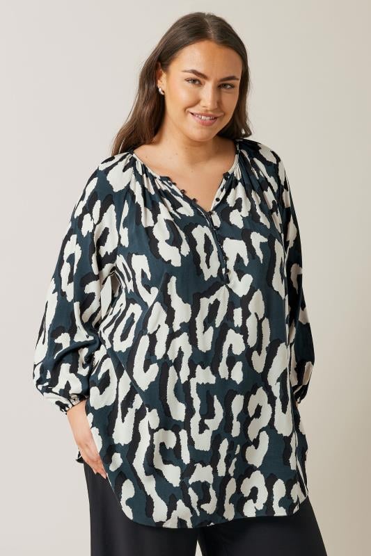Evans EVANS Curve Navy Blue Animal Print Long Sleeve Blouse