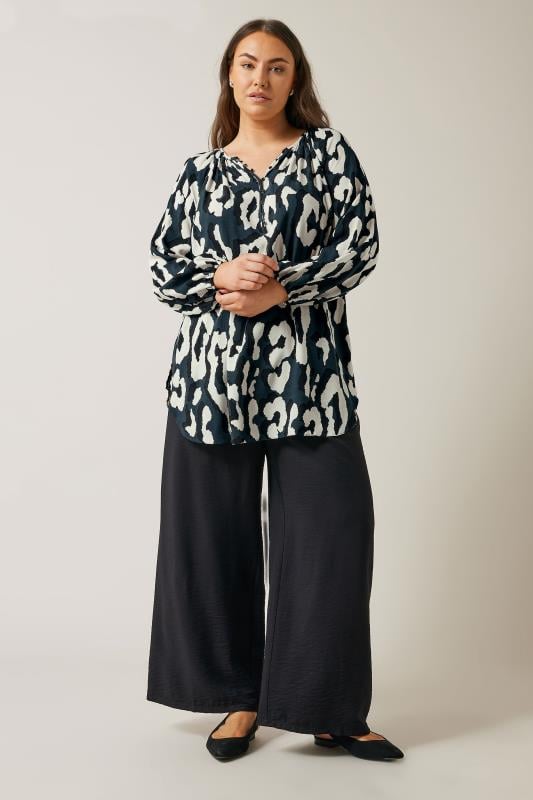 Evans EVANS Curve Navy Blue Animal Print Long Sleeve Blouse