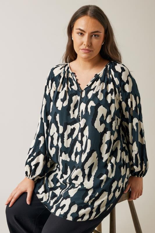 evans EVANS Curve Navy Blue Animal Print Long Sleeve Blouse