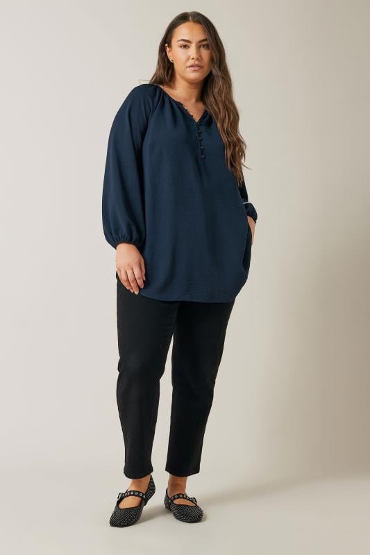 Evans EVANS Curve Navy Blue Button Front Long Sleeve Blouse