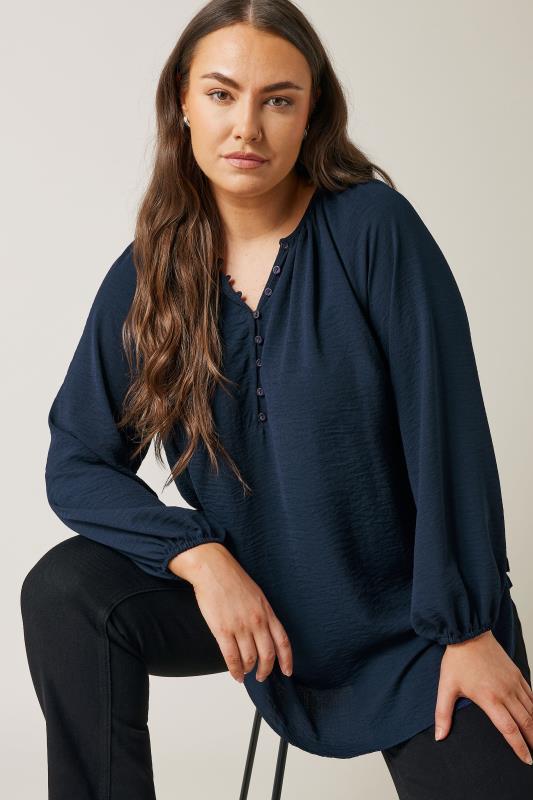 Evans EVANS Curve Navy Blue Button Front Long Sleeve Blouse