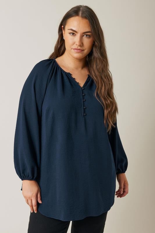 evans EVANS Curve Navy Blue Button Front Long Sleeve Blouse