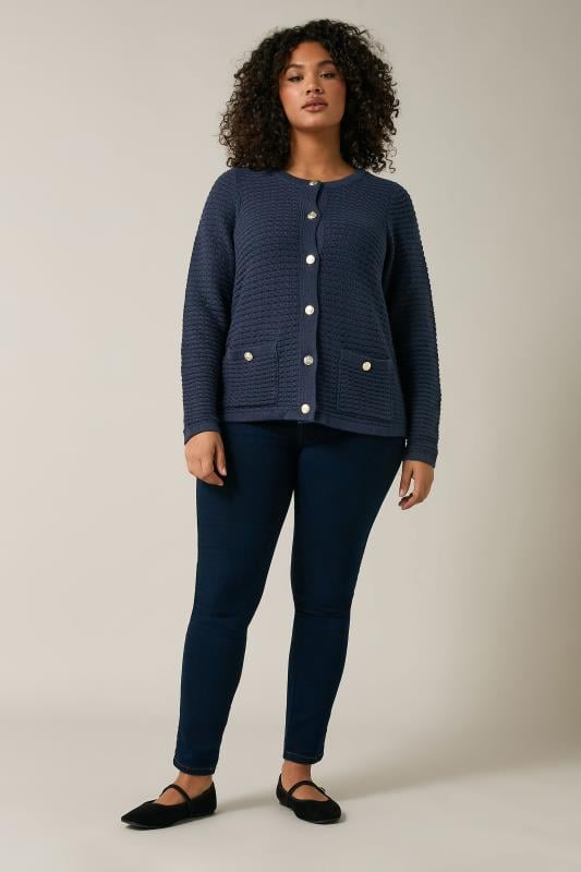 Evans EVANS Curve Navy Blue Button Through Knitted Cardigan