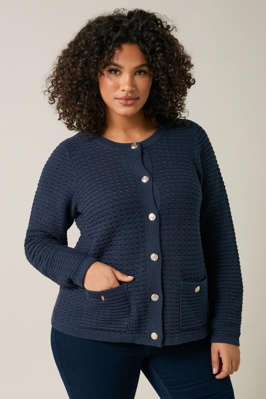 evans EVANS Curve Navy Blue Button Through Knitted Cardigan