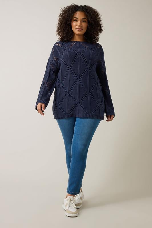Evans EVANS Curve Navy Blue Diamond Pointelle Jumper