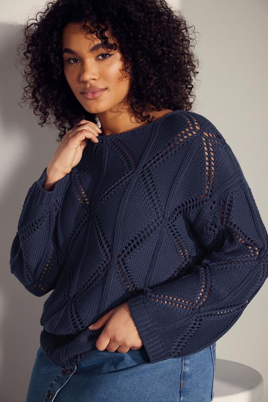 evans EVANS Curve Navy Blue Diamond Pointelle Jumper