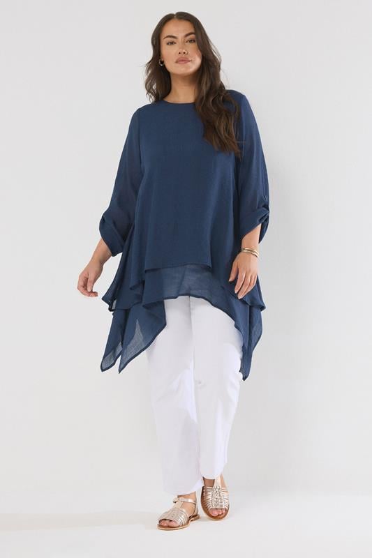 Evans EVANS Curve Navy Blue Double Layer Longline Blouse