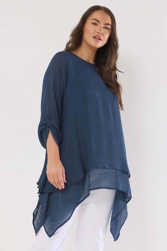 evans EVANS Curve Navy Blue Double Layer Longline Blouse