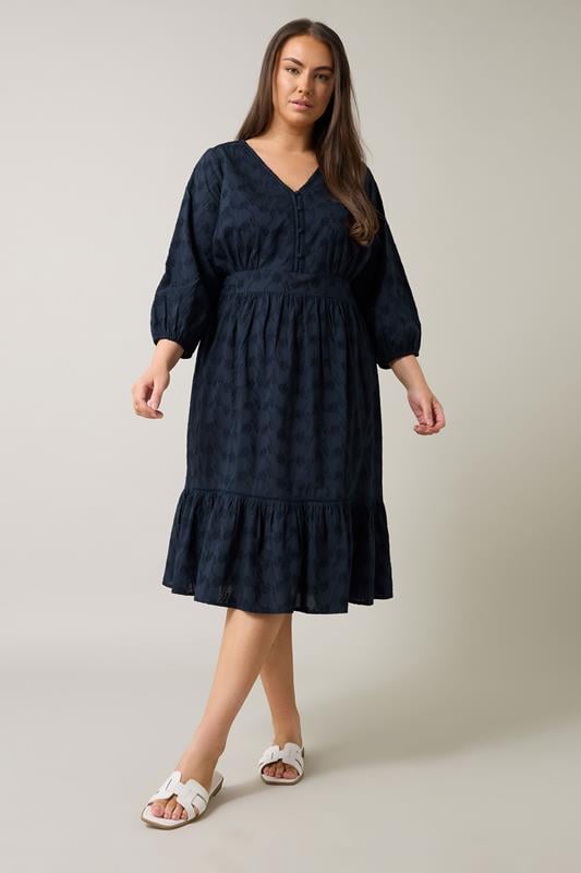 Evans EVANS Curve Navy Blue Embroidered Tiered Midi Dress