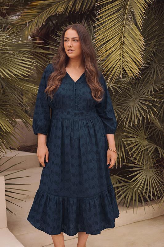 evans EVANS Curve Navy Blue Embroidered Tiered Midi Dress