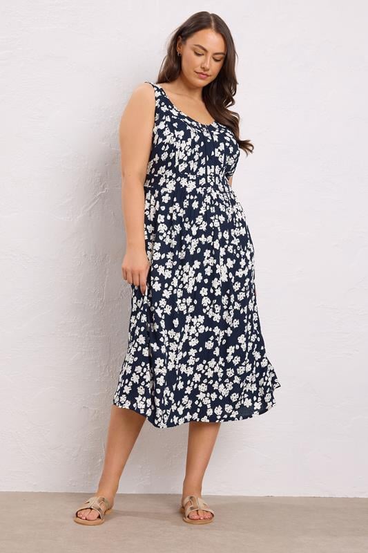Evans EVANS Curve Navy Blue Floral Button Front Dress