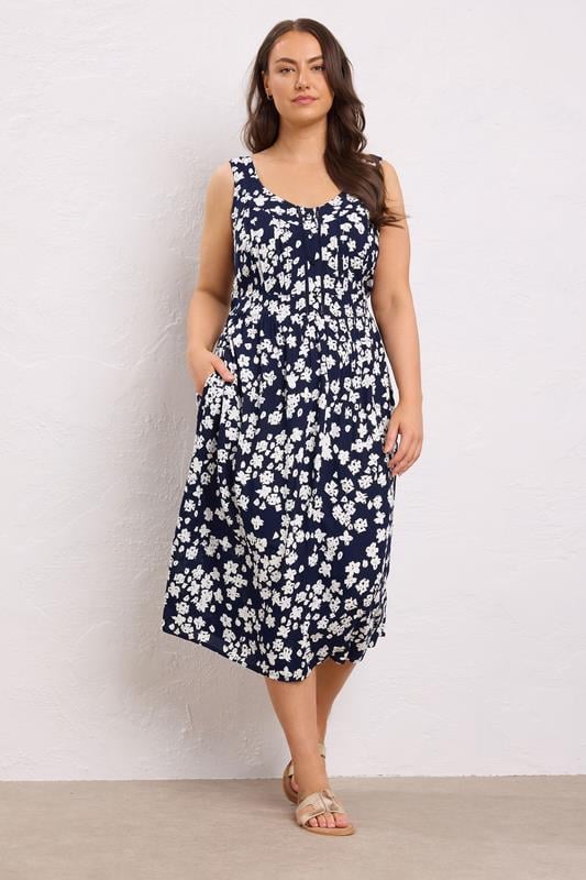 evans EVANS Curve Navy Blue Floral Button Front Dress