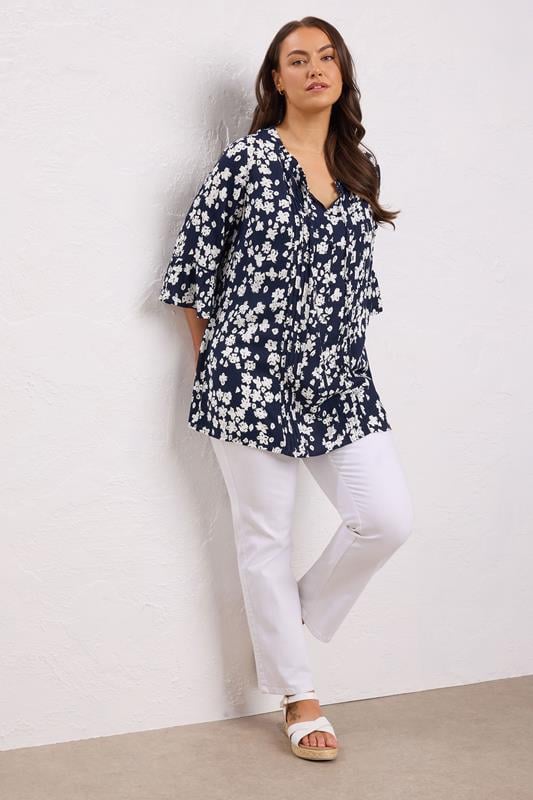 Evans EVANS Curve Navy Blue Floral Tie Neck Crinkle Blouse