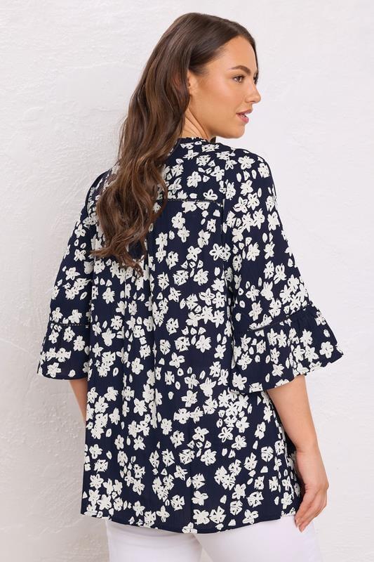 Evans EVANS Curve Navy Blue Floral Tie Neck Crinkle Blouse