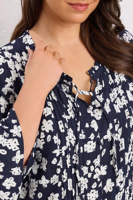 Evans EVANS Curve Navy Blue Floral Tie Neck Crinkle Blouse