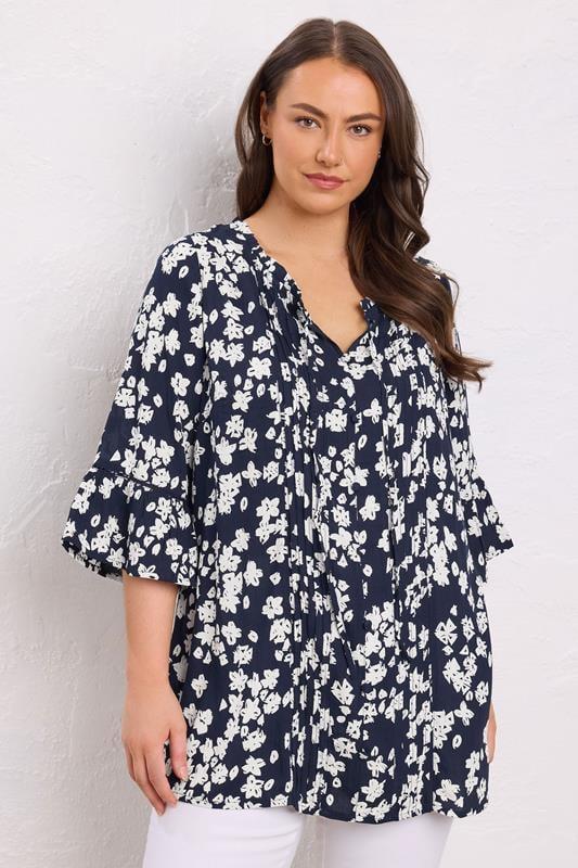 evans EVANS Curve Navy Blue Floral Tie Neck Crinkle Blouse