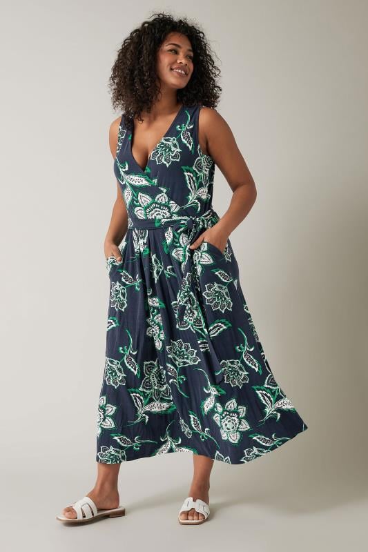 Evans EVANS Curve Navy Blue & Green Paisley Print Wrap Dress