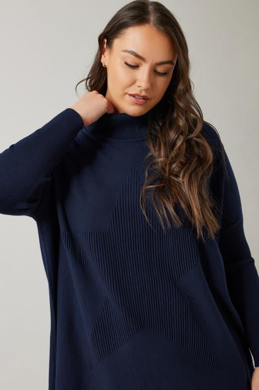 Evans EVANS Curve Navy Blue Knitted Star Roll Neck Jumper