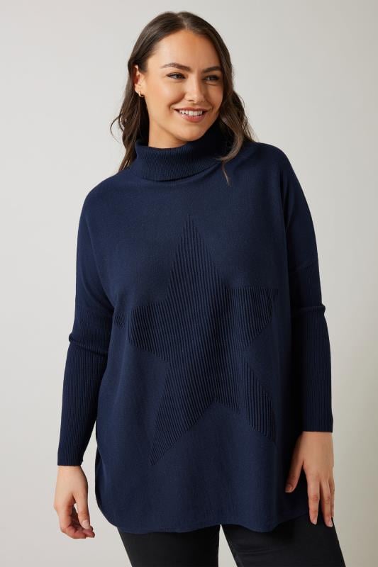 evans EVANS Curve Navy Blue Knitted Star Roll Neck Jumper