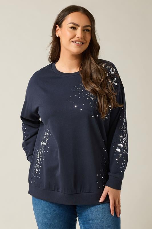 Evans EVANS Curve Navy Blue Leopard Sequin Embellished Sweatshirt