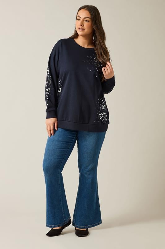 Evans EVANS Curve Navy Blue Leopard Sequin Embellished Sweatshirt