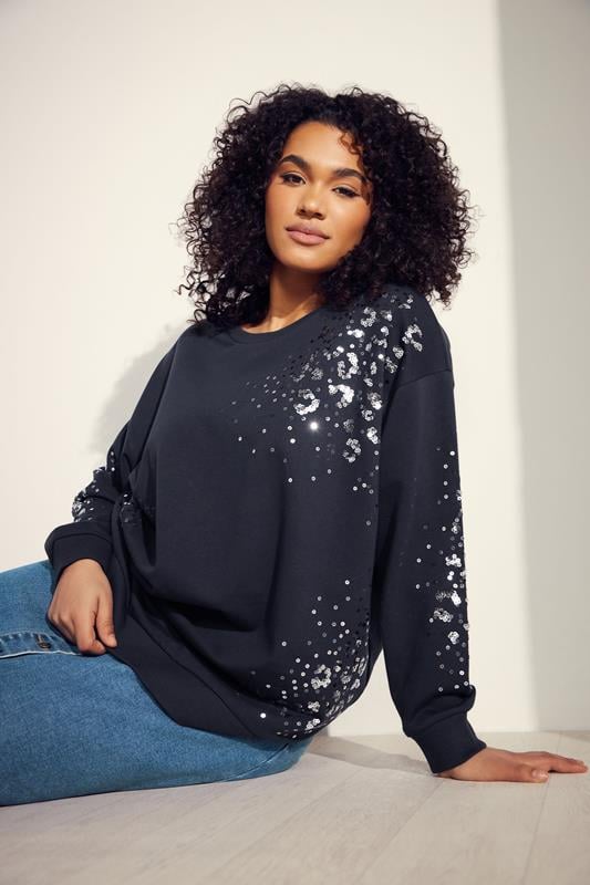 evans EVANS Curve Navy Blue Leopard Sequin Embellished Sweatshirt