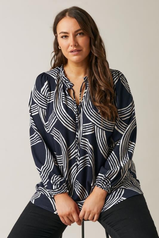Evans EVANS Curve Navy Blue Linear Print Jersey Crepe Blouse