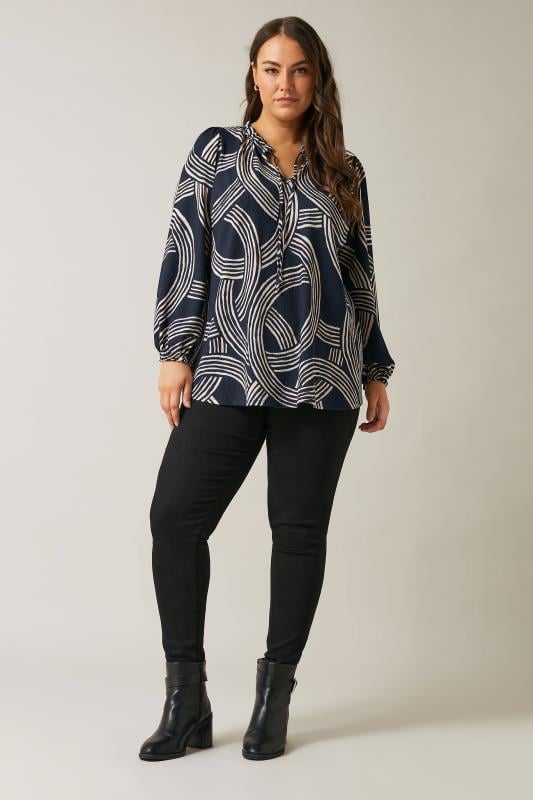 Evans EVANS Curve Navy Blue Linear Print Jersey Crepe Blouse