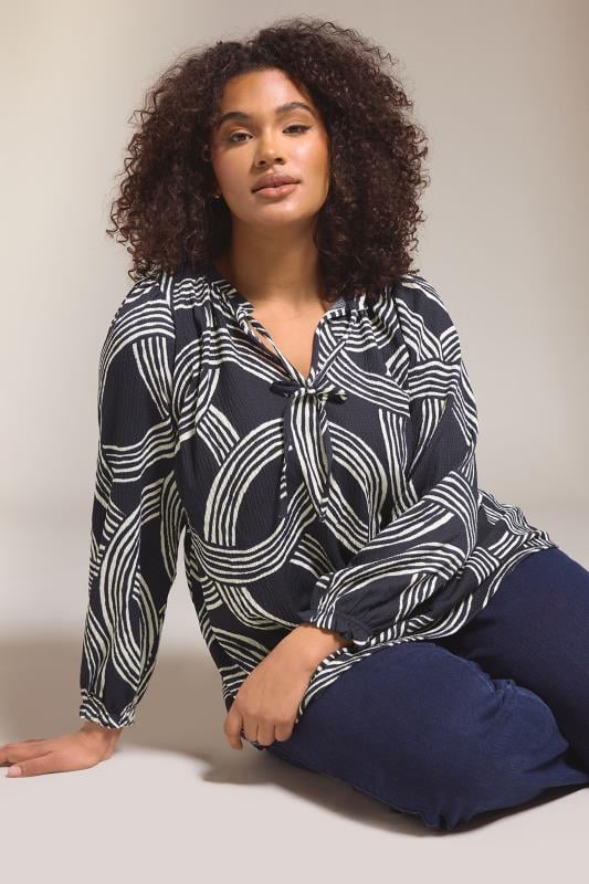 evans EVANS Curve Navy Blue Linear Print Jersey Crepe Blouse