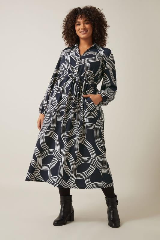 Evans EVANS Curve Navy Blue Linear Print Jersey Crepe Dress