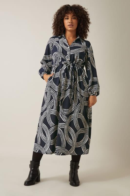 Evans EVANS Curve Navy Blue Linear Print Jersey Crepe Dress