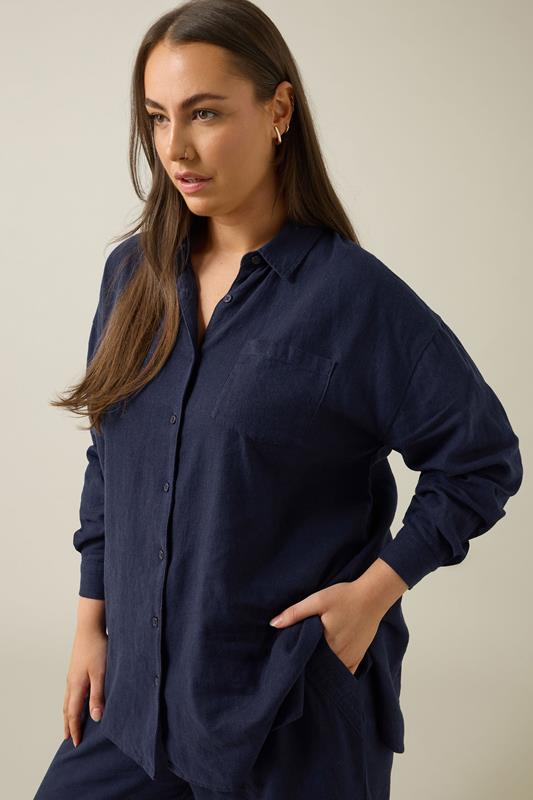 Evans EVANS Curve Navy Blue Long Sleeve Premium Linen Shirt