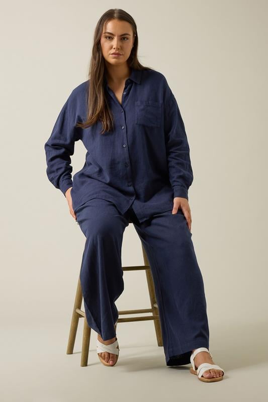 Evans EVANS Curve Navy Blue Long Sleeve Premium Linen Shirt